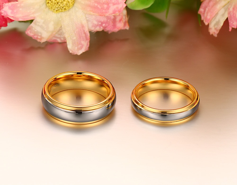 卸売価格カップル ツートーン 18K ゴールド シルバー タングステン結婚指輪セット彼と彼女